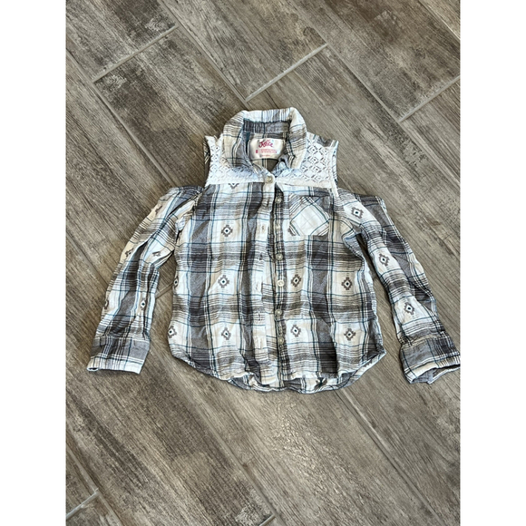 Justice Girls Plaid Top Cold Shoulder Long‎ Sleeve Shirt Size 8 - Picture 1 of 4